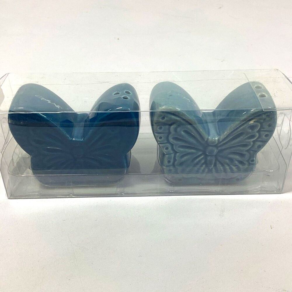 Dolly Parton Butterfly Salt Pepper Shaker Set Blue Ceramic New DG Retired